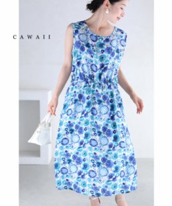 再入荷4月24日 サラっと涼しいまあるいお絵描き花ミディアムワンピース S~2L wkg00202 cawaii ギャザー ワンピース ノースリーブ ひざ下 