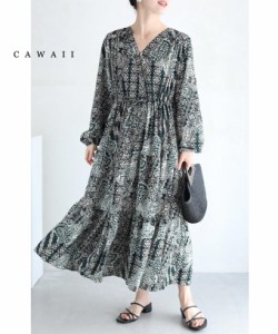 再入荷2月10日 エスニックな風吹く重ね柄ミディアムワンピース wkg00397 cawaii カシュクール ワンピース ロング ひざ下丈 長袖 総柄 シ