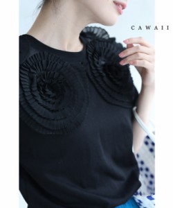 再入荷4月24日 （S~2L対応）（黒）プリーツの花咲くTシャツトップス w60183p cawaii t シャツレディース半袖 黒 花柄 春夏 無地 シンプル