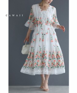 再入荷4月5日 芳香なバラ描く刺繍ベールミディアムワンピース w60193ps cawaii ドレス ワンピース 春 フレア袖 半袖 膝下丈 花柄 カシュ