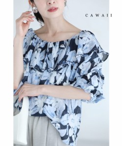 再入荷4月7日 （濃紺）ビジュー飾るデコルテフリルの花柄ブラウストップス w60199ps cawaii レディース ブラウス 春 フリル 花柄 半袖 薄