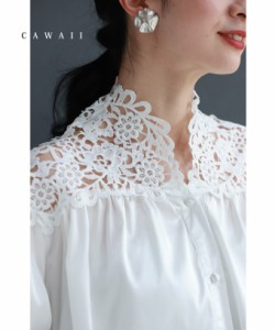 再入荷4月4日 デコルテに沿う白花レースの艶ブラウストップス cawaii w50334nc S~3L対応 春服 春物 夏 夏服 夏物 ホワイト レース 上品 