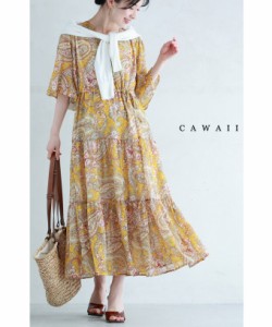 新作5月19日 ペイズリーとお花の柄合わせスカーフミディアムワンピース cawaii w50391nc S~2L対応 春服 春物 夏 夏服 夏物 体型カバー イ