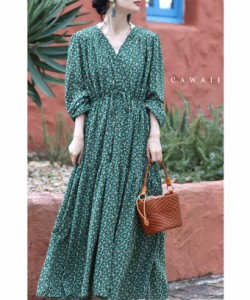 再入荷4月30日 春風に揺れる花のティアードロングワンピース cawaii w60335ps S~3L対応 春服 春物 vネック ティアード レトロ可愛い フレ