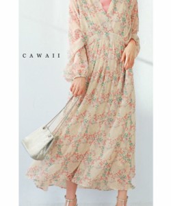 再入荷4月14日 春風に揺れる淡い花のロングワンピース cawaii w60466ps S~L対応 Vネック 春服 春物 夏 夏服 夏物  ピンク サマードレス 