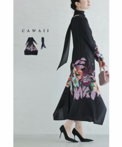 再入荷5月1日 （ストール付き）（黒）ビビット な 花 を 描く プリーツ ミディアム ワンピース cawaii w60542ps 長そで ゆったり 伸縮 楽