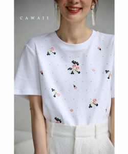 新作4月23日 ストーンの煌めき連なる花刺繍のTシャツトップス cawaii w60662ps S~L対応 レディース 春服 春物 夏 夏服 夏物 ホワイト 伸