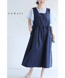 再入荷2月1日 （S~2L対応）（紺）ウエスト絞れるサロペットミディアムワンピース wkg00431 cawaii ワンピース 膝下丈 無地 ゆったり サロ