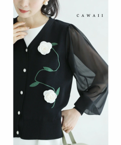 再入荷12月15日 （S~L対応）（黒）ベール袖の白花コサージュカーディガン wkg00497 cawaii レディース ファッション 他にはない トップス