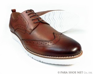 PARASHOE 本革 ウィングチップ ビジネスカジュアルシューズ 厚底白ソール ワイズ3E（EEE）茶色 22cm〜32cm【メンズ革靴・紳士靴・大きい