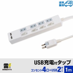 【送料無料】STYLED USB充電付電源タップ コンセント×4口 USB×2ポート 合計2.4A 電源コード1m 18ヵ月保証 雷ガード 個別スイッチ スイ