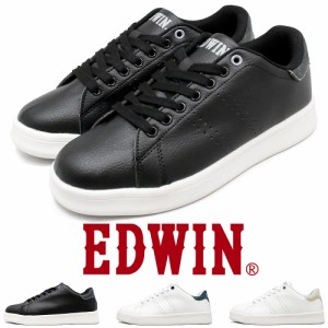 超軽量 レディース スニーカー 黒 白 ローカット カジュアル レースアップ PUレザー 革靴 軽い 紐靴 女性 EDWIN edw1021ls