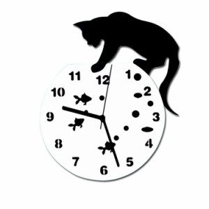 DIY掛け時計 黒猫と金魚のデザイン壁時計 可愛い おしゃれ アンティーク モダン ウォールクロック アクリル素材 ネコ ねこ FUNLIFE001