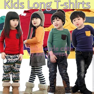 キッズ 長袖 Tシャツ 100〜130cm 　長袖シャツ ロングシャツ ロンT 無地 胸ポケット 韓国子供服 男の子 女の子 キッズ ジュニア 男児 女