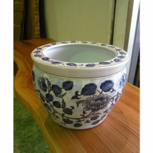 浮彫魚缶白 藍花 中 水鉢 火鉢 10号 シノワズリ オリエンタル ジャポニズム　