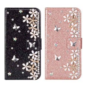 iPhone12 / 12mini / 12Pro / 12ProMax 対応 手帳型ケース カバー ビジュー ラメ 蝶々 花 フラワー かわいい キラキラ デコ ラインストー