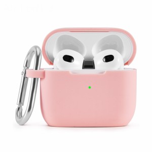 Air Pods 3 対応 ケース カバー ソフト シリコン 一体型 耐衝撃性 防水 落下防止 ワイヤレス充電 カラビナ付き LEDライト穴 無地 シンプ