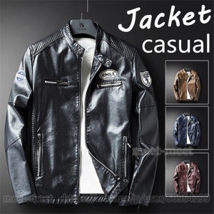 ライダースジャケット メンズ レザージャケット 刺繍 バイクウエア アウター 革ジャン スリム スカジャン フライトジャケット ワッペン