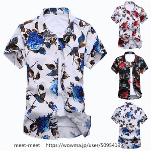 シャツ メンズ 夏物 花柄 半袖 スリム アロハシャツ おしゃれ 薄手 涼しい 通気 Tシャツ カジュアル UVカット ビーチ 海 大きいサイズあ