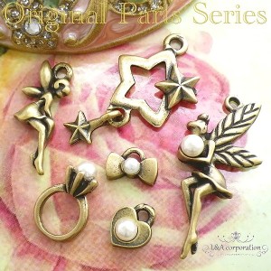 【2個】アクセサリー作製かわいいチャームシリーズ star heart Pearlring PearlRibbon アンティーク