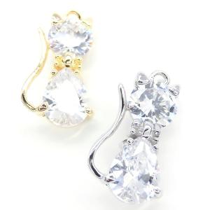 【2個】キュービックジルコニアチャームCubic zirconia かわいいネコちゃん猫cat 高品質上質鍍金で変色耐久度up!