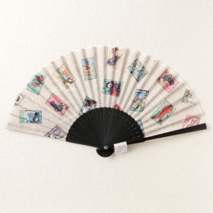 妖怪づくし　扇子　おどけばけもの尽くしベージュ　Youkai pattern fan