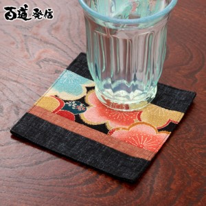 百道発信　花色コースター　黒 (IKI-1417)　リバーシブル　福岡県の布製品　Fabric coaster　※在庫限り