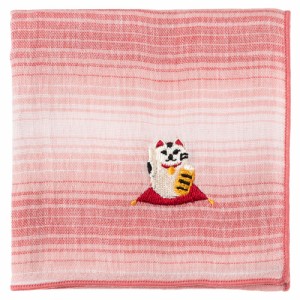 縁起ハンカチ　招き猫（グラデーション）　刺繍入りガーゼハンカチ　スーベニール　Japanese pattern embroidered gauze handkerchief
