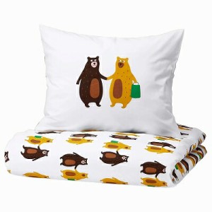 IKEA イケア 掛け布団カバー＆枕カバー クマ模様 イエロー ブラウン シングル 150x200cm 50x60cm m30521145 BRUMMIG ブルミグ