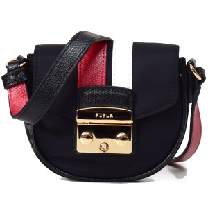 フルラ バッグ FURLA ポリエステル レザー メトロポリス ストライプ クロスボディ 斜めがけ ミニ ショルダーバッグ ブラック×ルビーレッ