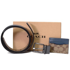 コーチ ベルト メンズ COACH レザー シグネチャー ギフト ベルト バックル カードケース 専用BOX付 3点セット カーキ×デニム C8278