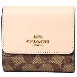 コーチ 財布 COACH コーティングキャンバス レザー シグネチャー スモール トリフォールド コンパクト 三つ折り財布 カーキ×アイボリー 