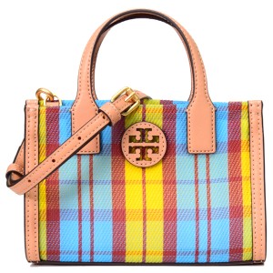 トリーバーチ バッグ TORY BURCH ナイロン メッシュ レザー チェック柄 ロゴ ミニ トート 2way クロスボディ 斜め掛け ショルダー イエロ