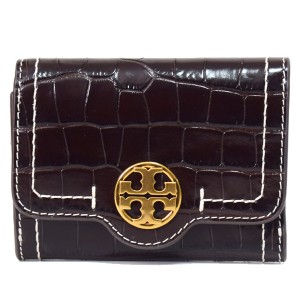 トリーバーチ 財布 TORY BURCH エンボスド クロコダイル レザー ロゴ ミディアム ステッチ フラップ 三つ折り財布 ダークマホガニー×ブ