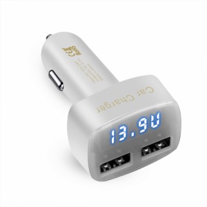 【ホワイト】 USB車載充電器 デジタル電圧計 USB 2ポート 数字電圧計 シガーソケット （２色から選択可能）