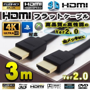 HDMI フラット ケーブル 300cm(3m) 4K 3D対応 Ver2.0 フルハイビジョン 全国送料無料