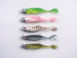 魚の頭　ジグヘッド　＋　ワーム　ソフトルアー　11cm　16g　5色　セット　ヘッドと針が切り離し可能　やわらか素材　シャッドテール　3D