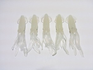 イカ型　ソフトルアー　ワーム　夜光　白　5本　セット　約9〜10cm　約8g　根魚　ロックフィッシュ　マダイ　ヒラメ　マゴチ