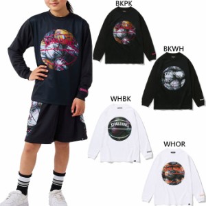 スポルディング ジュニア キッズ ロングスリーブTシャツ ボールプリント バスケットボールウェア トップス 長袖Tシャツ ホワイト 白 ブラ