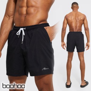 ブーフー 水着 boohoo RECYCLED MAN SIGNATURE MID LENGTH SWIM SHORTS ブラック 海パン スイムウェア サーフパンツ ショーツ ショートパ