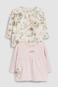 ネクスト NEXT ピンク / クリーム 花柄 長袖 Tシャツ 2 枚パック 総柄 無地 子供服 ベビー服 女の子 ユニセックス 新生児 パジャマ ベビ