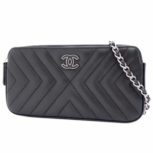 CHANEL(シャネル) シェブロン チェーンウォレット ショルダーバッグ 肩掛け 斜め掛け Vステッチ レザー ブラック黒 シルバー金具 レディ