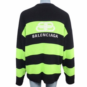 BALENCIAGA(バレンシアガ) ボーダーニット トップス アパレル バックロゴ クルーネック セーター M コットン ブラック黒 グリーン緑 メン