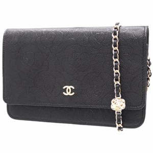 CHANEL(シャネル) ココマーク カメリア チェーンウォレット 長財布 ショルダーバッグ 肩掛け 斜め掛け 花柄 キャビアスキン ブラック黒 