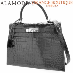 HERMES(エルメス) ケリー 28 (外縫い) ブラック黒 ポロサス パラジウム金具 クロコダイル シルバー金具 □E刻印 ハンドバッグ 2WAY ショ