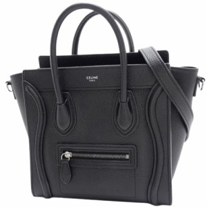 CELINE(セリーヌ) ラゲージ ナノショッパー ハンドバッグ 2WAY ショルダー 肩掛け 斜め掛け ドラムドカーフスキン ブラック黒 シルバー金