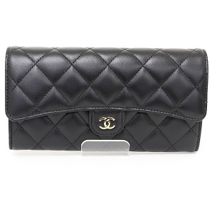 シャネル CHANEL クラシック ロング フラップ ウォレット 二つ折り長財布 マトラッセ ラムスキン AP0241 ブラック 【中古】Sランク