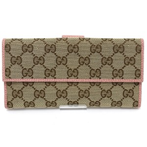 グッチ GUCCI 二つ折り長財布 Wホック GGキャンバス レザー 231841 ベージュ ピンク シルバー金具 未使用品