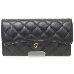 シャネル CHANEL クラシック ロング フラップ ウォレット 二つ折り長財布 マトラッセ カーフスキン ブラック 【中古】Sランク