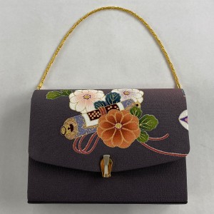 和装バッグ 美品 優品 セミフォーマル 菊 巻物 金彩 灰紫 正絹 和装小物  中古